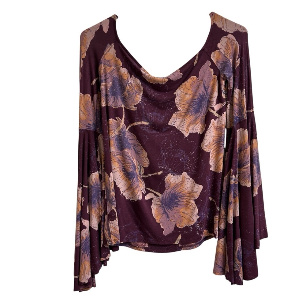 Free People We The Free Birds of Paradise Floral Flare Sleeve Top Sz M Mulberry - Picture 7 of 14